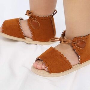 Girls Tan Scalloped Ankle-Tie Sandals